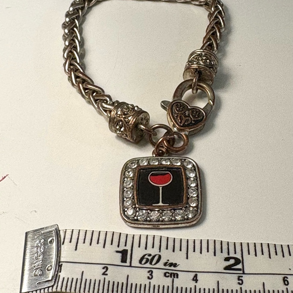 Wine Glass Rhinestone Charm Bracelet Silver Tone Toggle Clasp - Picture 9 of 9